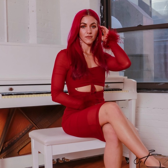 Fashion Nova Burgundy Long Sleeve Dress with Feather Details - Picture 1 of 5